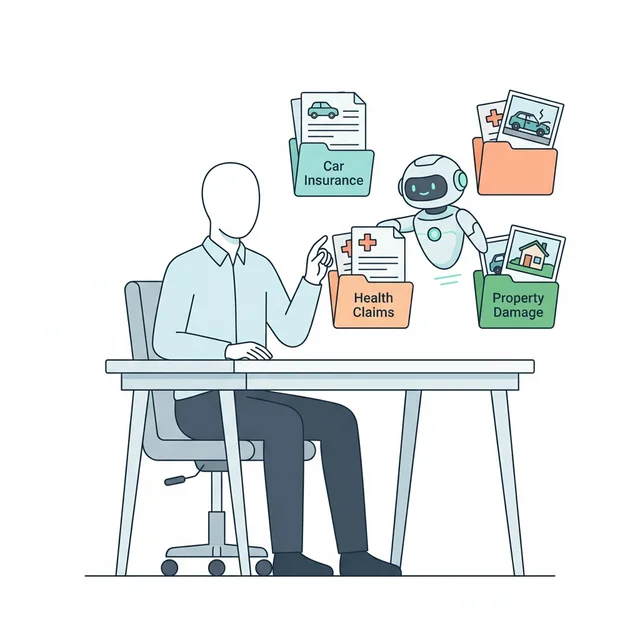 An insurance agent at a desk while an AI robot organizes claim forms, policy documents, and damage photos into color-coded folders