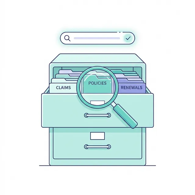 A magnifying glass over a neatly organized file cabinet with labeled insurance folders for Claims, Policies, and Renewals