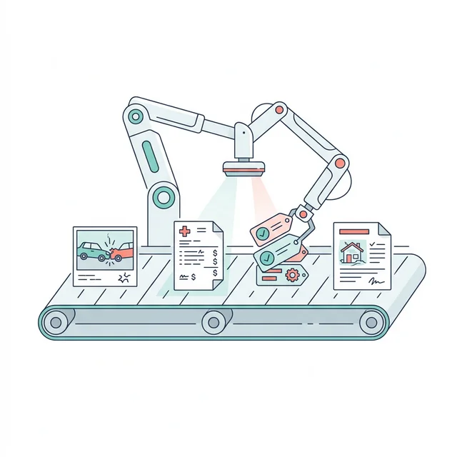 Insurance claim documents on a conveyor belt being automatically scanned, classified, and labeled by a robotic AI system