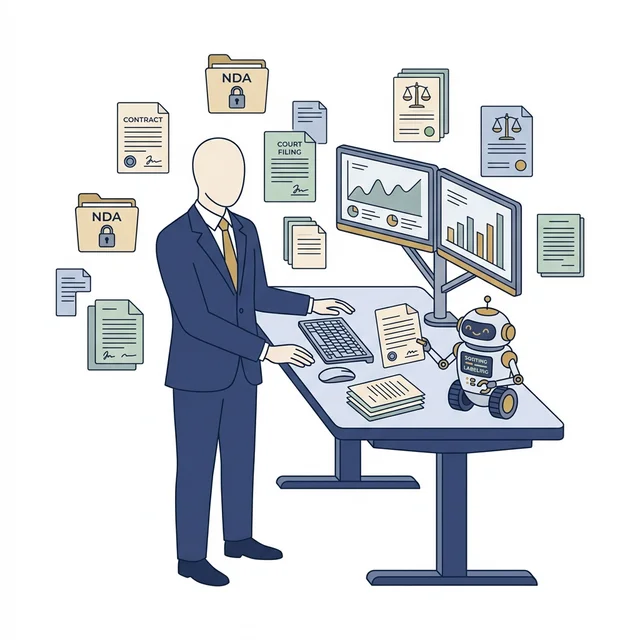 A lawyer at a standing desk while an AI robot organizes contracts, NDAs, and legal filings into labeled folders
