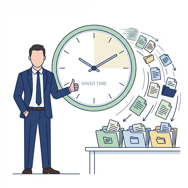 A clock showing time saved with document icons flowing into organized folders, and an attorney giving a thumbs up
