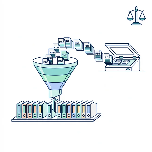 Scanned PDFs flowing through an AI processing pipeline that outputs neatly labeled legal documents