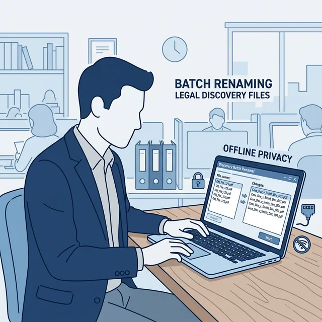 Lawyer organizing legal discovery files offline