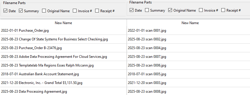 Screenshot of the filename builder