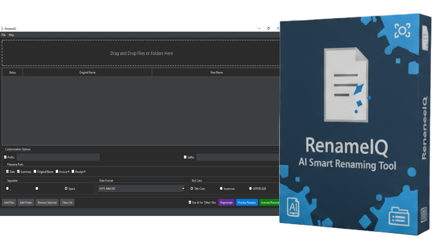 RenameIQ App Screenshot and Box