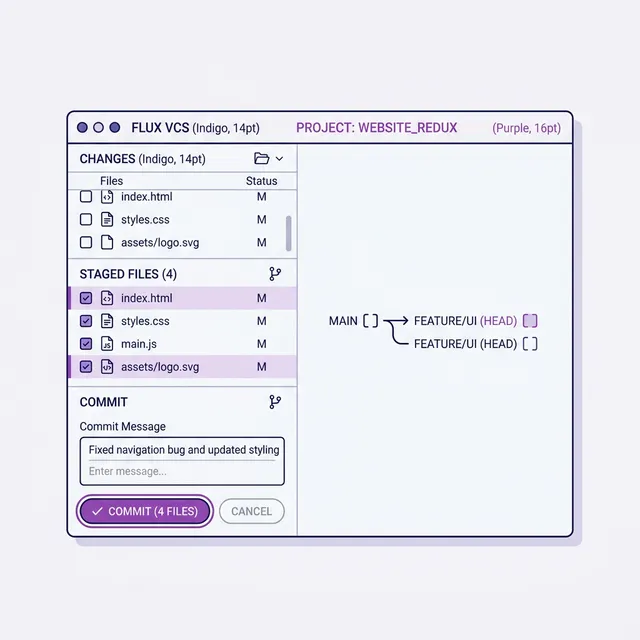 A mock-up of a visual version control system showing changed files and a commit button