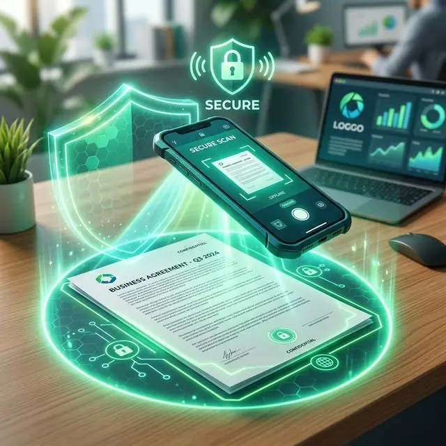 A 3D mobile phone scanning a business document with a glowing secure shield icon
