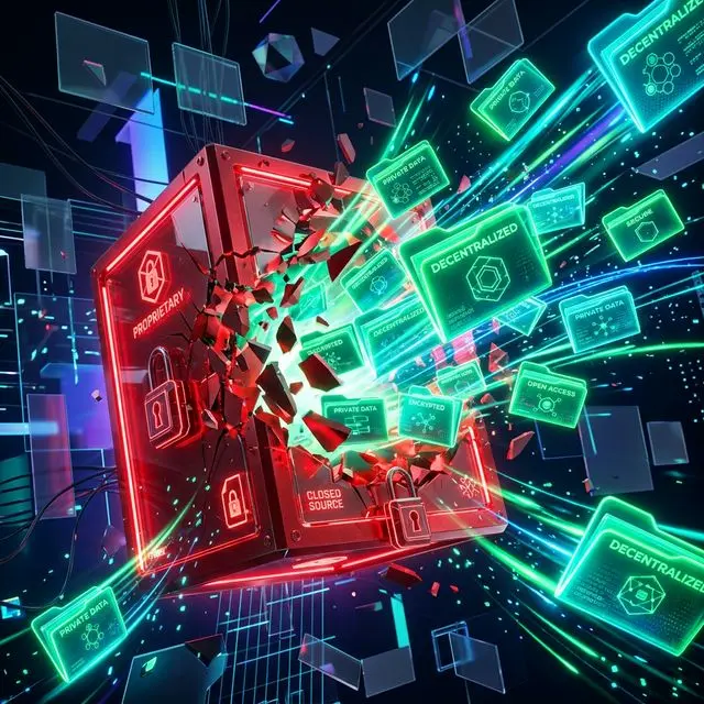 Sleek editorial illustration showing a user breaking away from a red software box toward green private folders