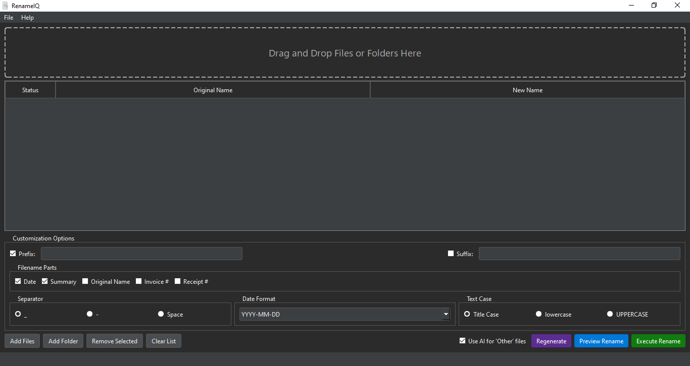 A screenshot of the RenameIQ main window showing where to drag and drop files.