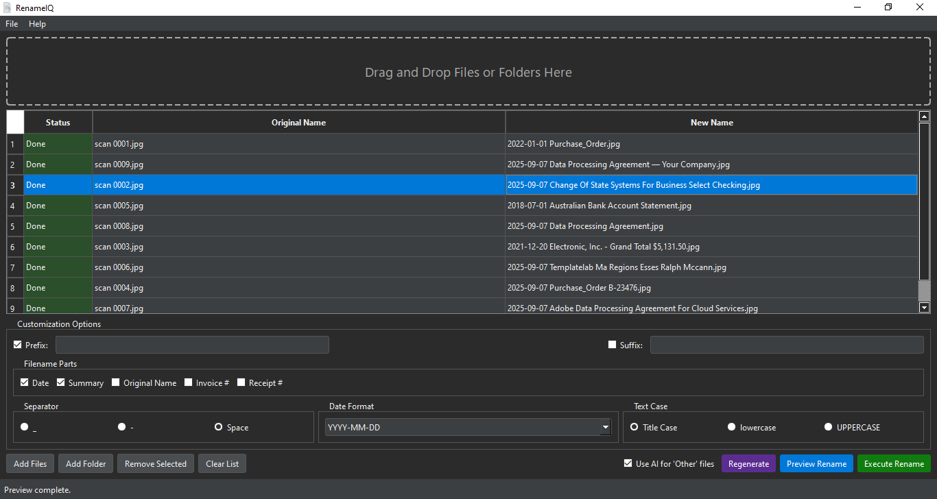 A screenshot of the results table in RenameIQ with a cell being manually edited.