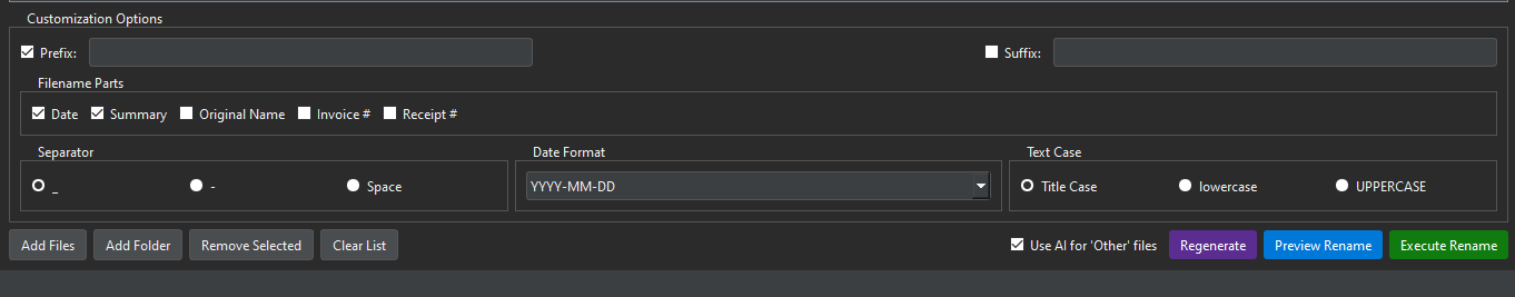 A screenshot of the RenameIQ filename builder panel with key components highlighted.